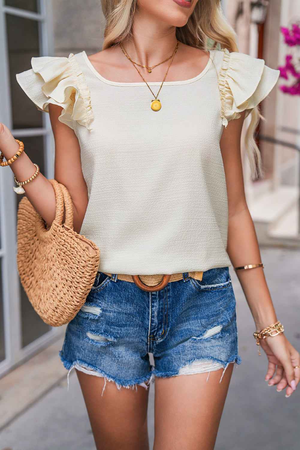 Beige Ruffle Sleeve Blouse with Textured Bow and Frilled Design
