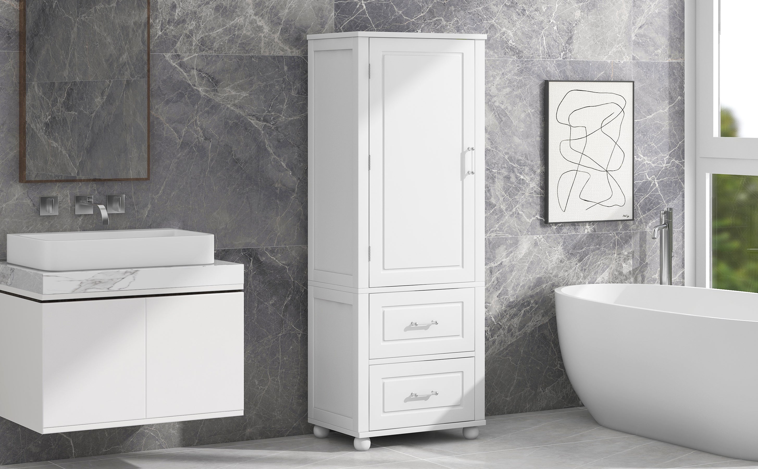 Tall Bathroom Storage Cabinet, Freestanding Storage Cabinet with Two Drawers and Adjustable Shelf, MDF Board  White
