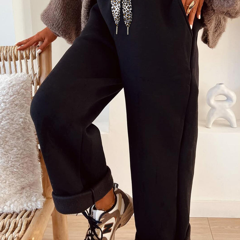 Leopard Drawstring Fleece Lined Elastic Waist Pants