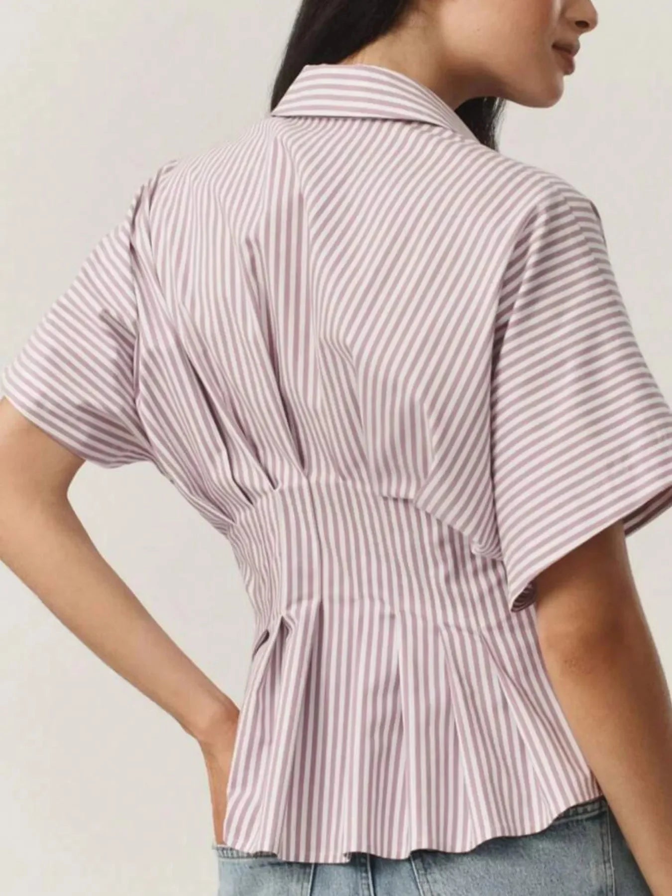 Pinstripe Puff Sleeve Cinched Waist Button Up Shirt