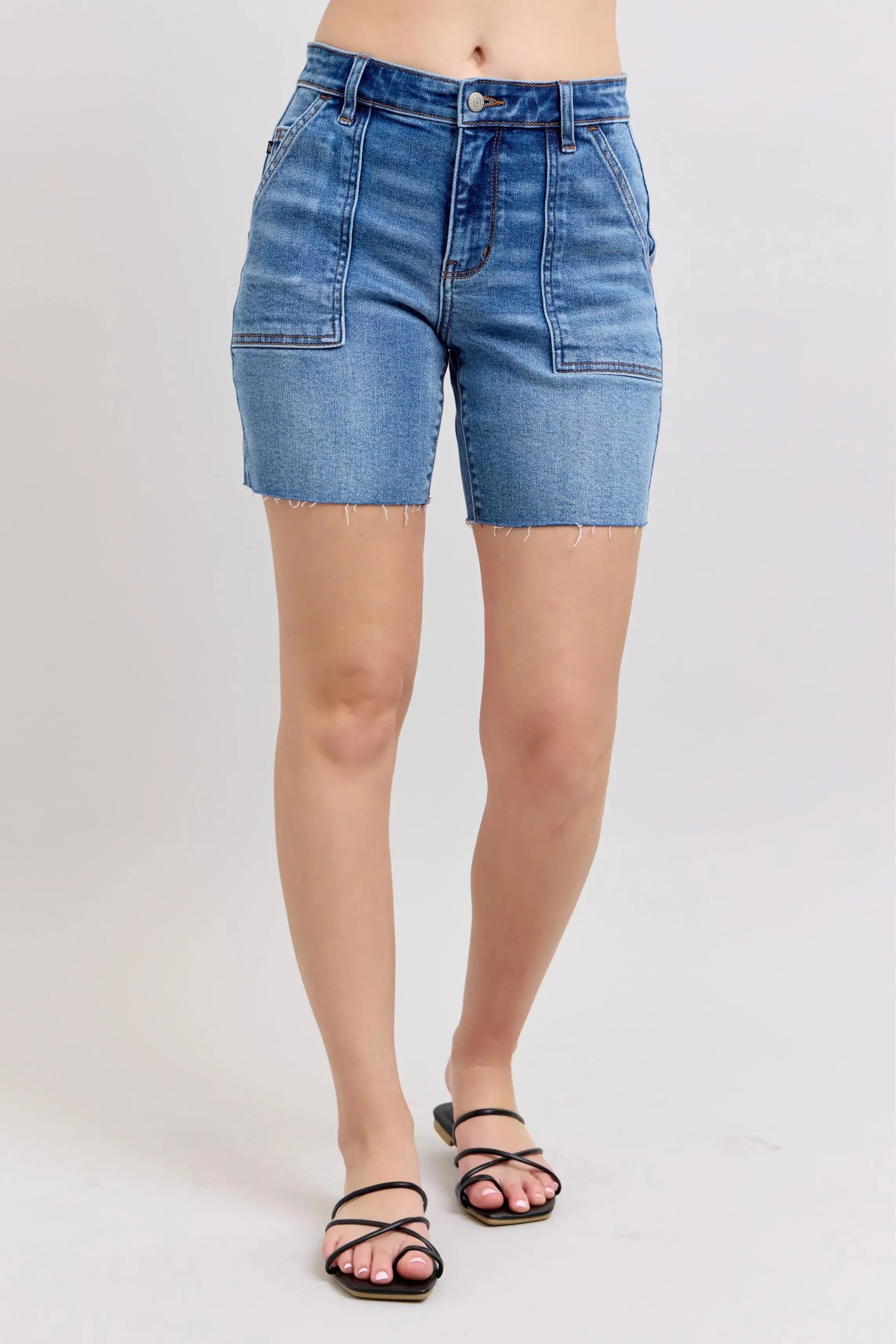 Judy Blue Jeans - Full Size Mid Rise Bermuda Denim Shorts w/ Back Flap Pockets