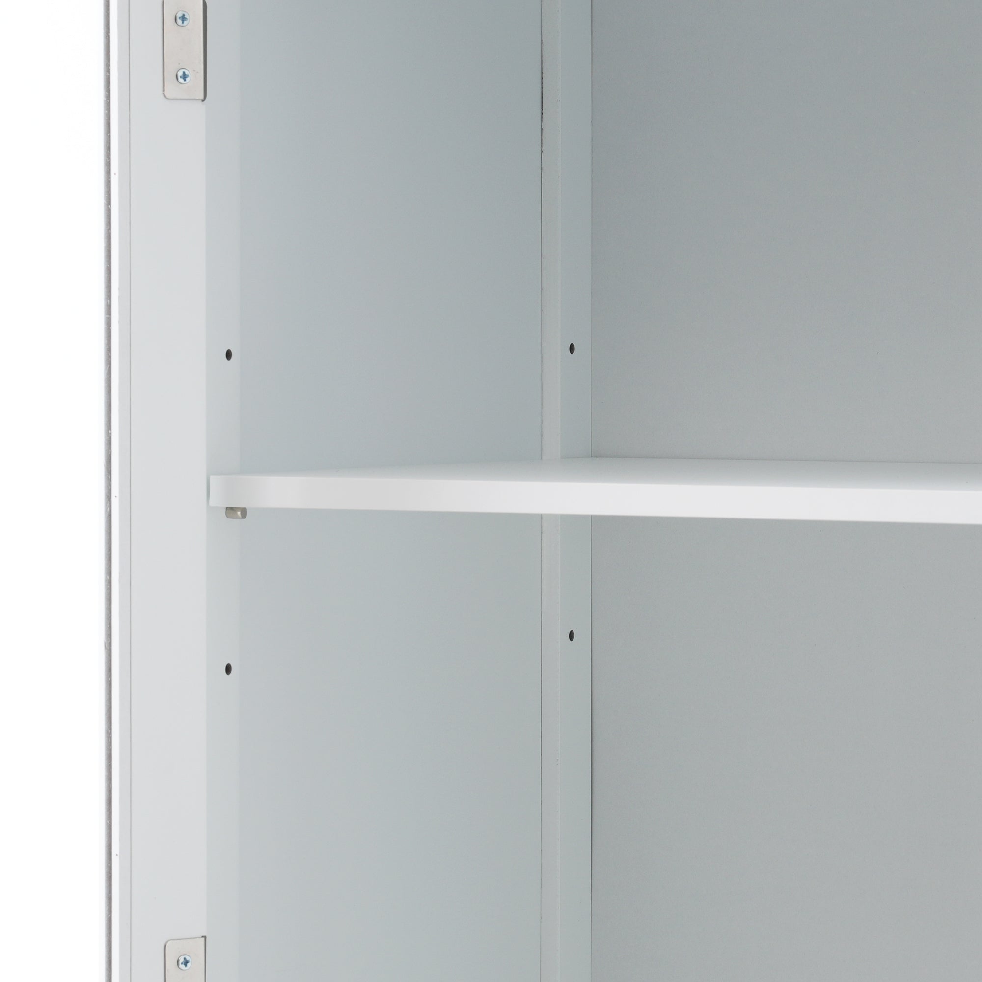 High bathroom storage cabinet with glass door, freestanding, two drawers and adjustable shelves, MDF board, painted white