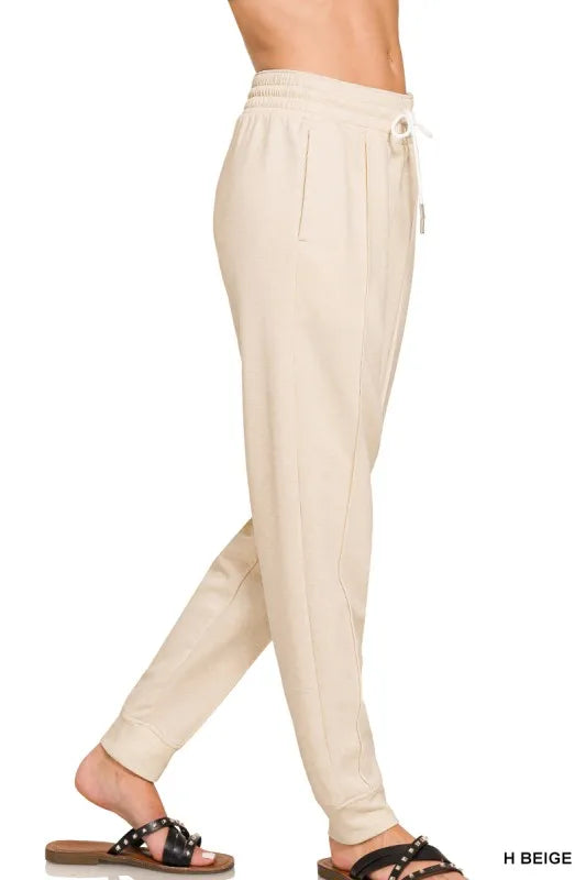 Zenana Drawstring Scuba Sweatpants with Pockets in Beige