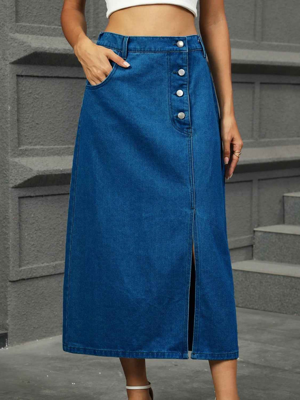 Slit Button Detail Denim Skirt - Stylish Midi Length Fashion Piece