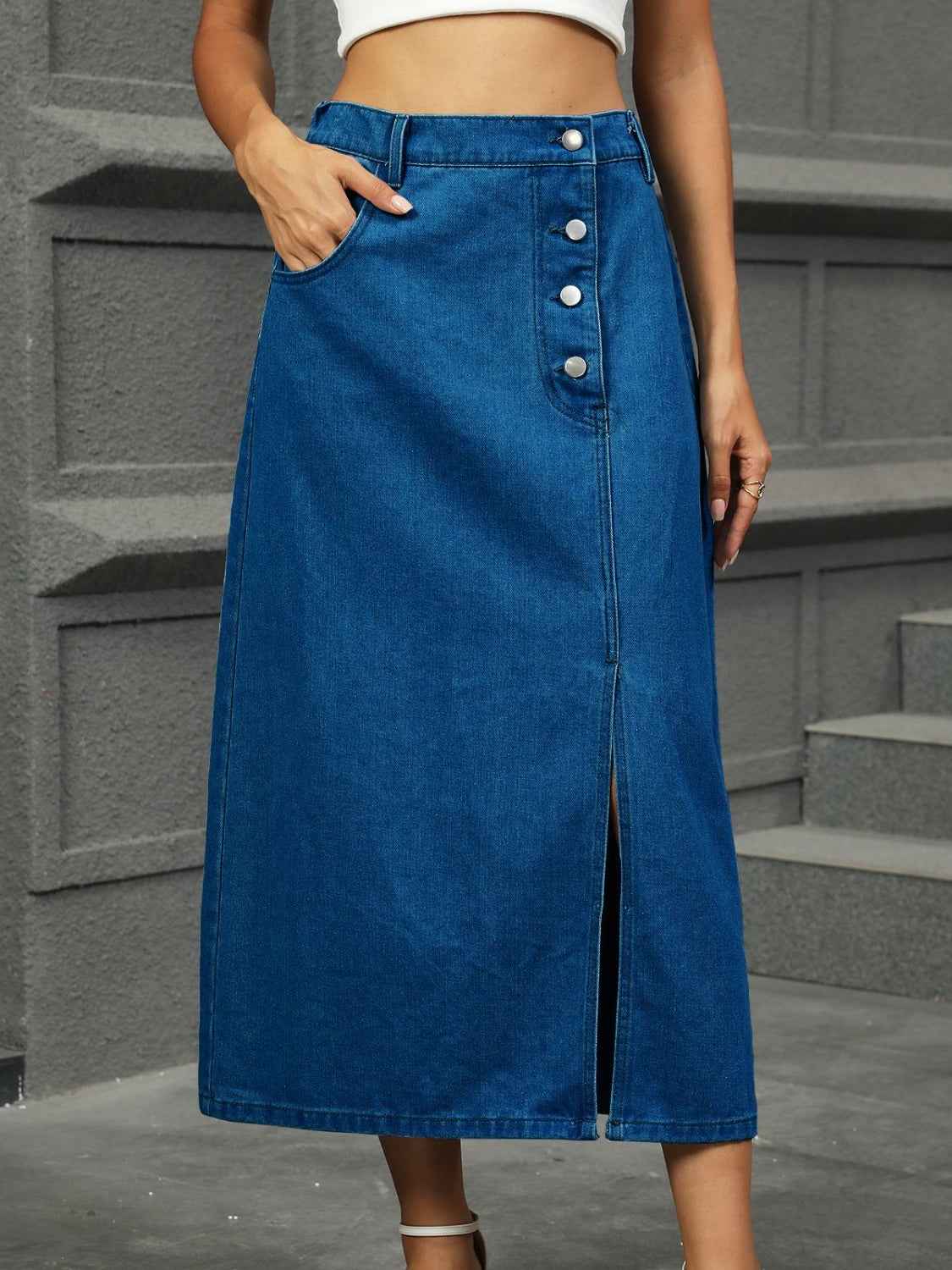 Slit Button Detail Denim Skirt - Stylish Midi Length Fashion Piece