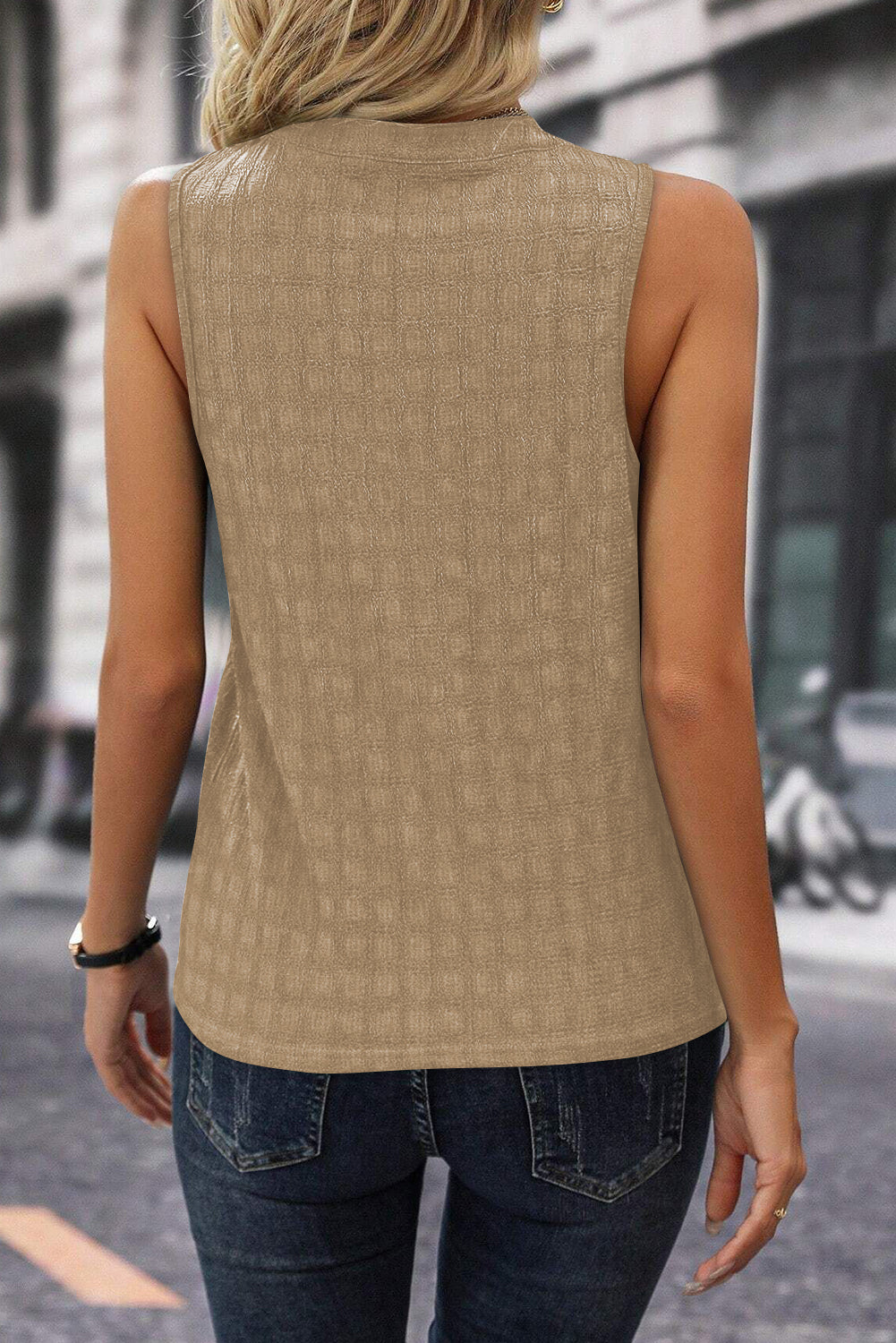 Sea Green Sleeveless Top - Textured Split V Neck Women's Shirt