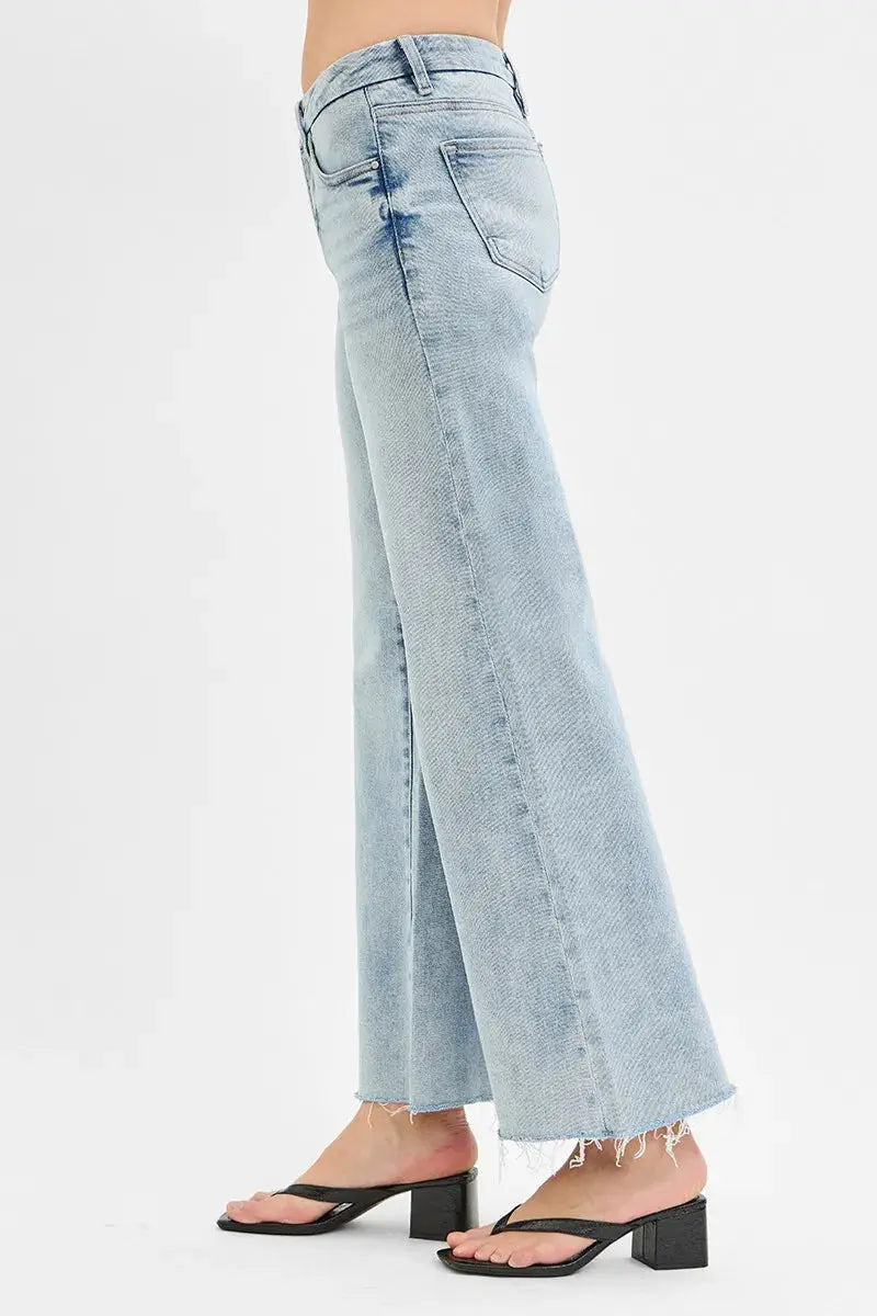 Full Size Tummy Control Low Rise Wide Leg Raw Cut Hem RISEN Jeans