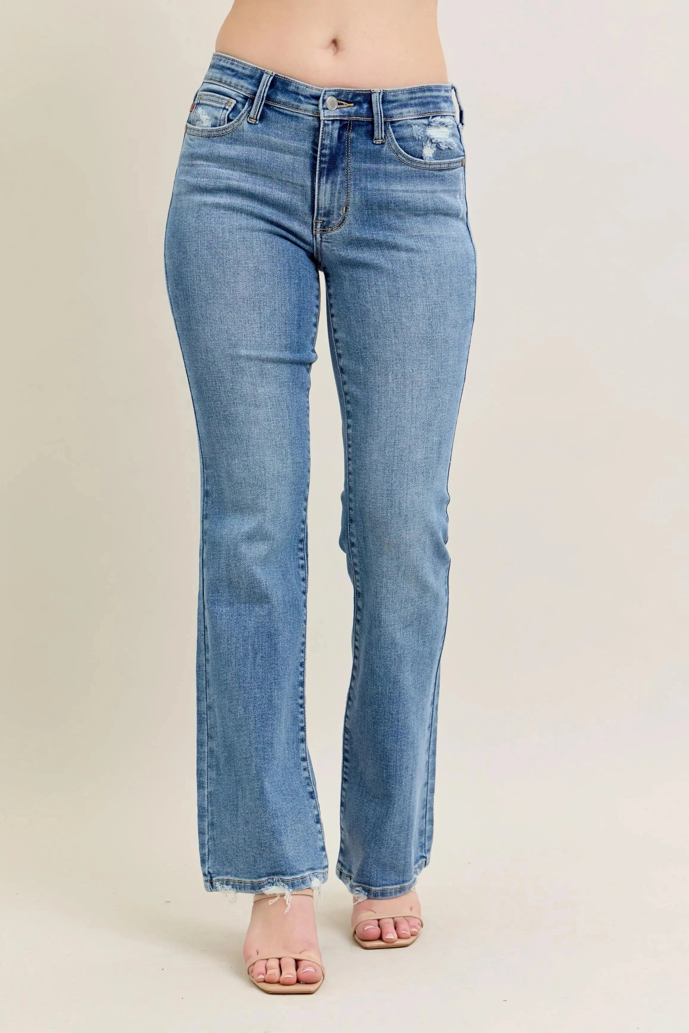 Full Size Mid Rise Wash Destroy Hem Bootcut Judy Blue Jeans
