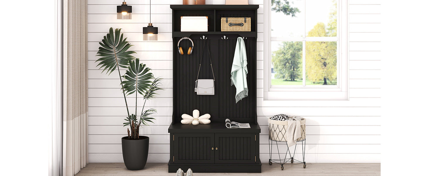 Hall Tree with Storage Shoe Bench for Entryway and Hallway 4-in-1 Design Coat Racks with 4 Hooks for Living Room Black