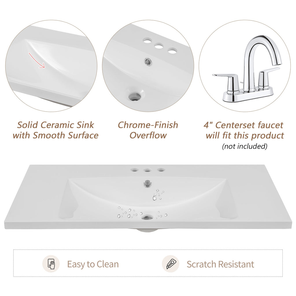 36" Single Bathroom Vanity Top with White Basin  3-Faucet Holes Ceramic  White