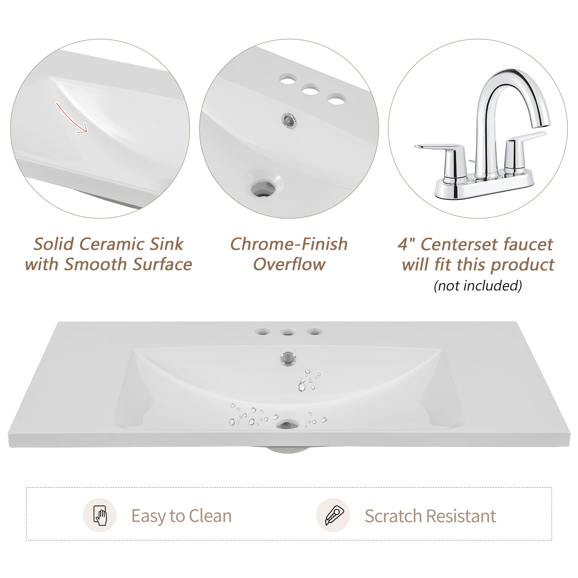 36" Single Bathroom Vanity Top with White Basin  3-Faucet Holes Ceramic  White