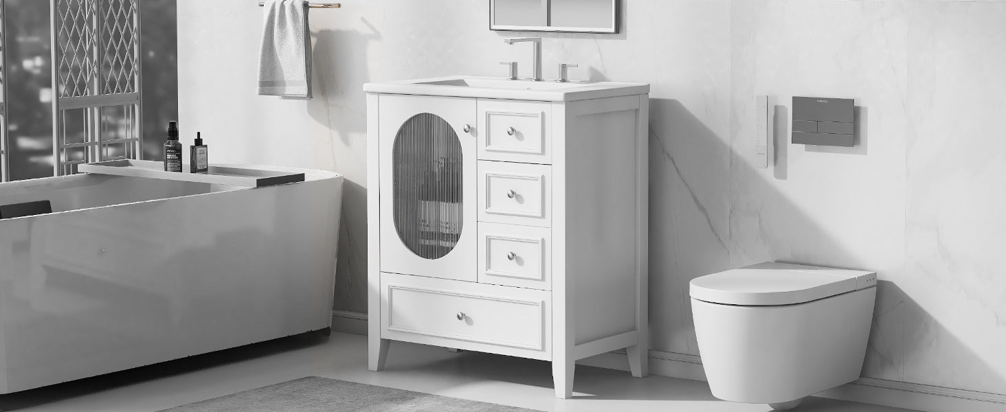 30" Bathroom Vanity with Sink, Bathroom Vanity Cabinet with Three Drawers and Door, Solid Wood and MDF, White