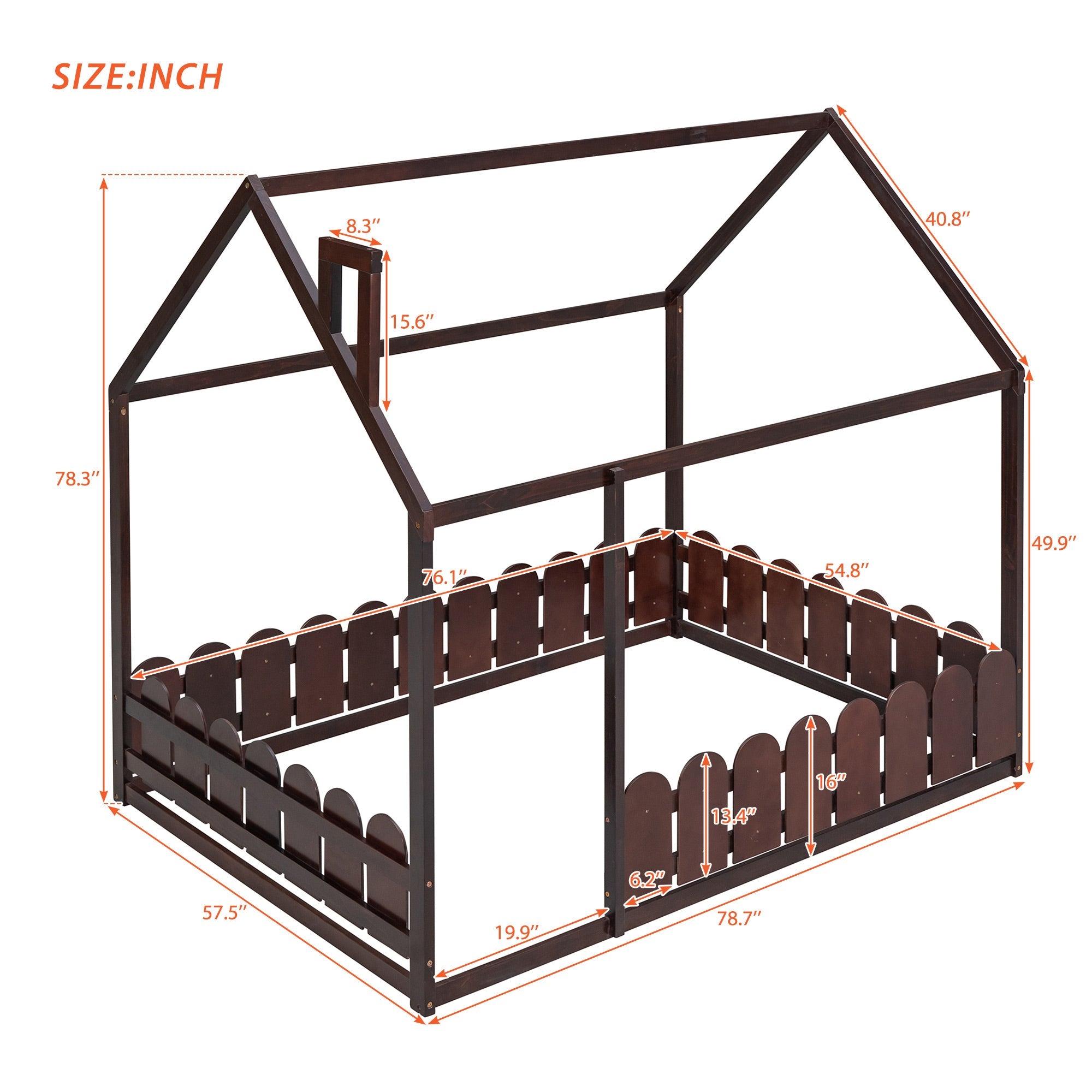 (Slats are not included)Full Size Wood Bed House Bed Frame with Fence for Kids Teens Girls Boys (Espresso )