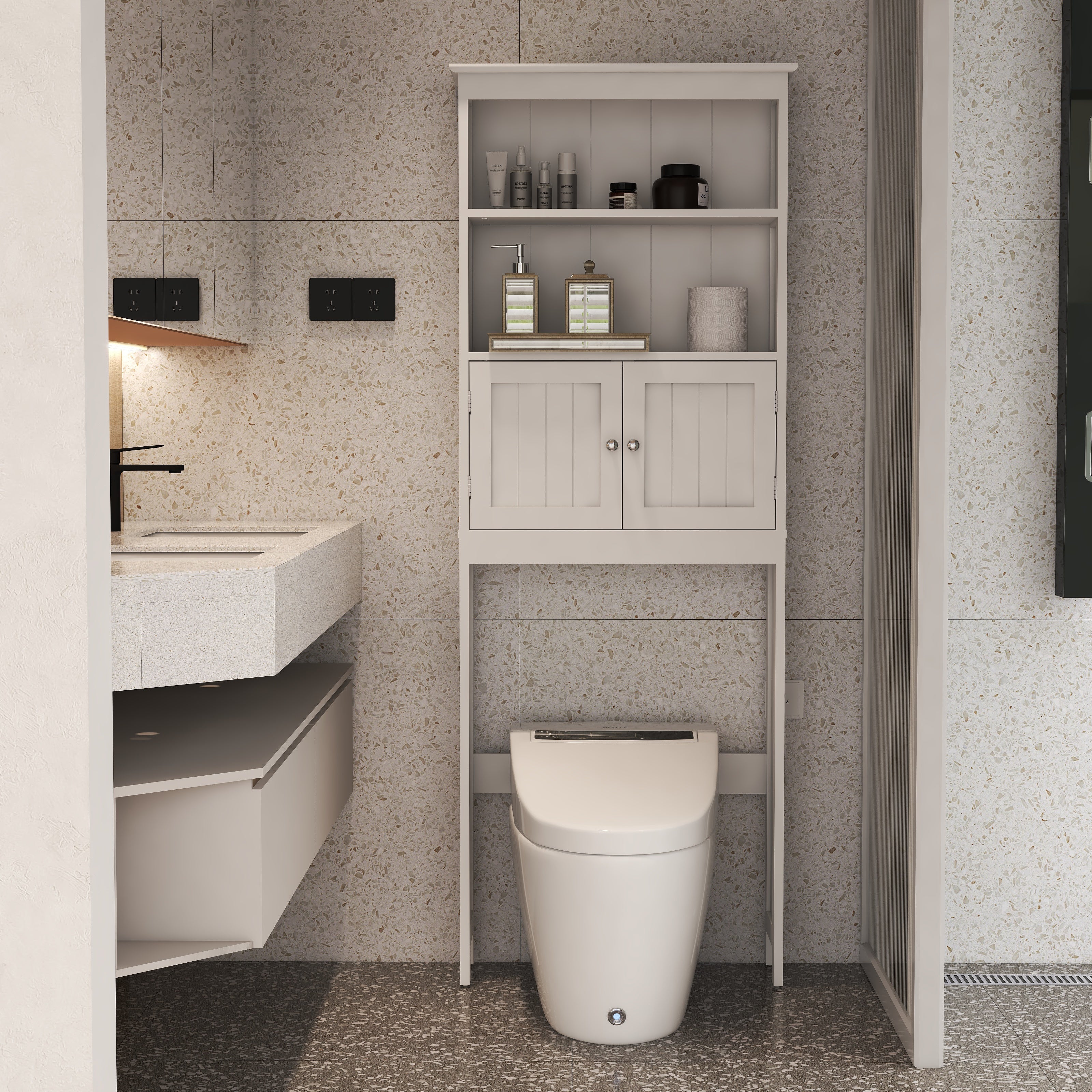 Over The Toilet Rack 2 -Tier Toilet Bathroom Spacesaver Storage Shelf with 2 Doors Wood Storage Organizer Cabinet