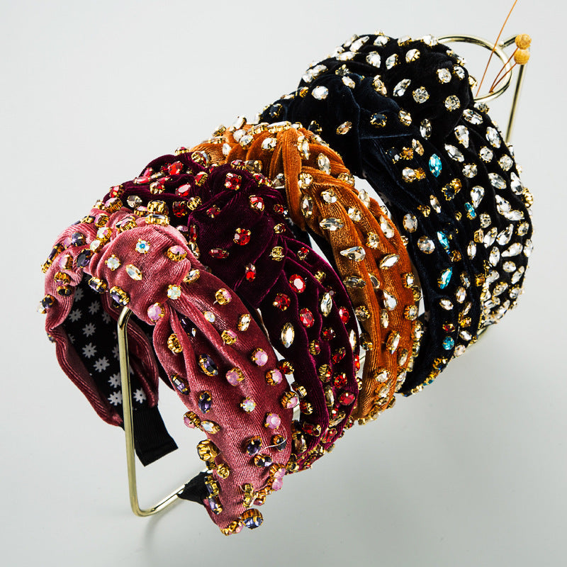 Exaggerated Fashion Hair Bands Female Corduroy Temperament Sweet Hair Ornaments Wide Side Knotted With Diamonds Headband