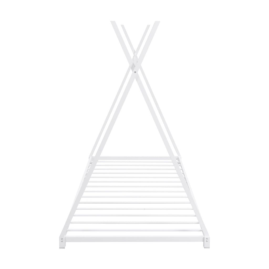 Metal Twin Size House Platform Bed with Triangle Structure  White