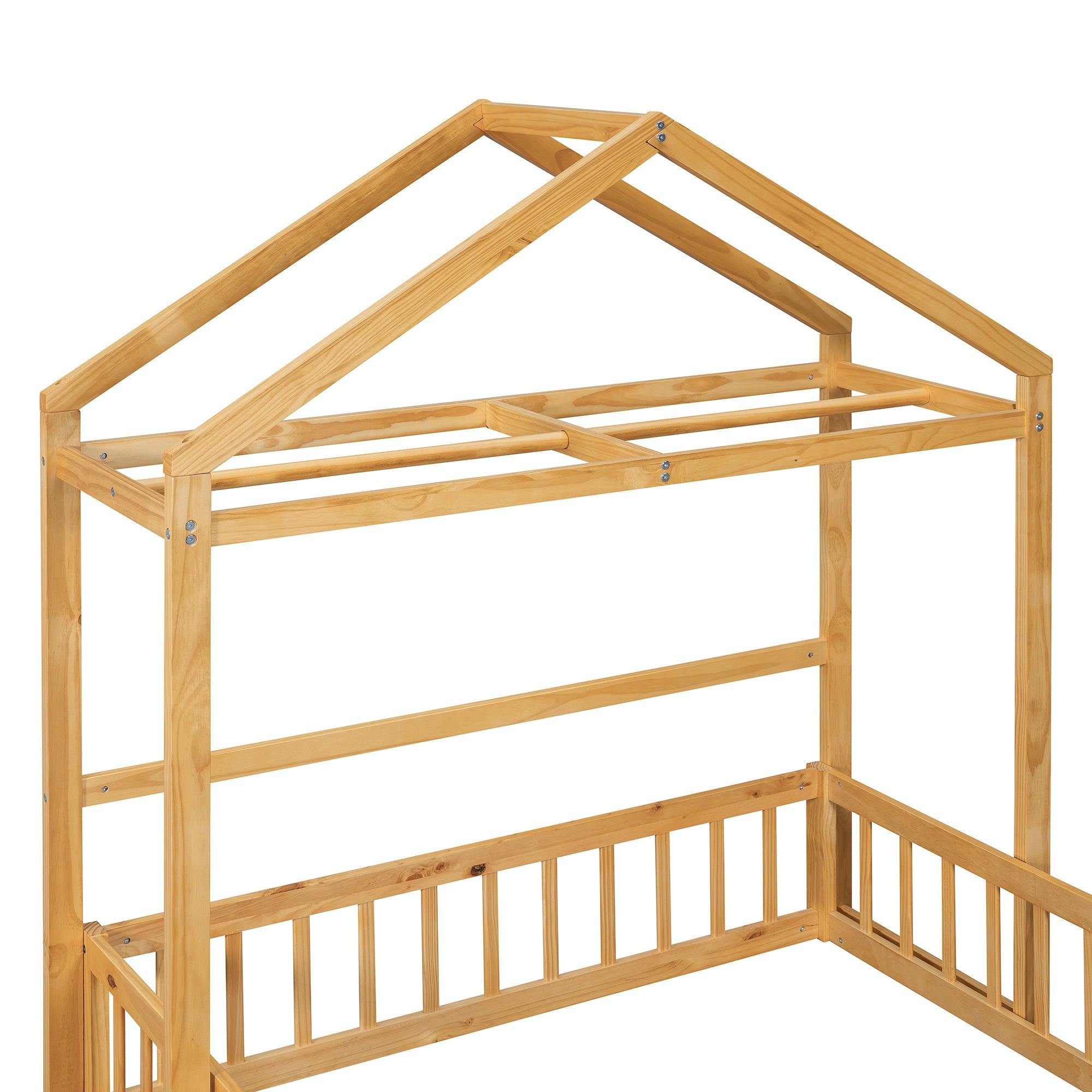 Wooden Full Size Children's Bed with Detachable Headboard and Integrated Clothes Drying Rack, Natural