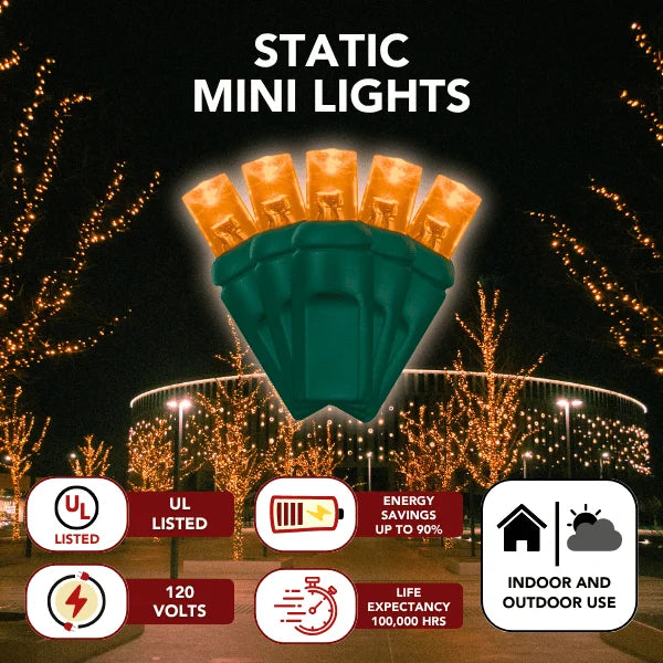 LED Mini Lights 5MM Orange Static Green Wire - 6" Spacing