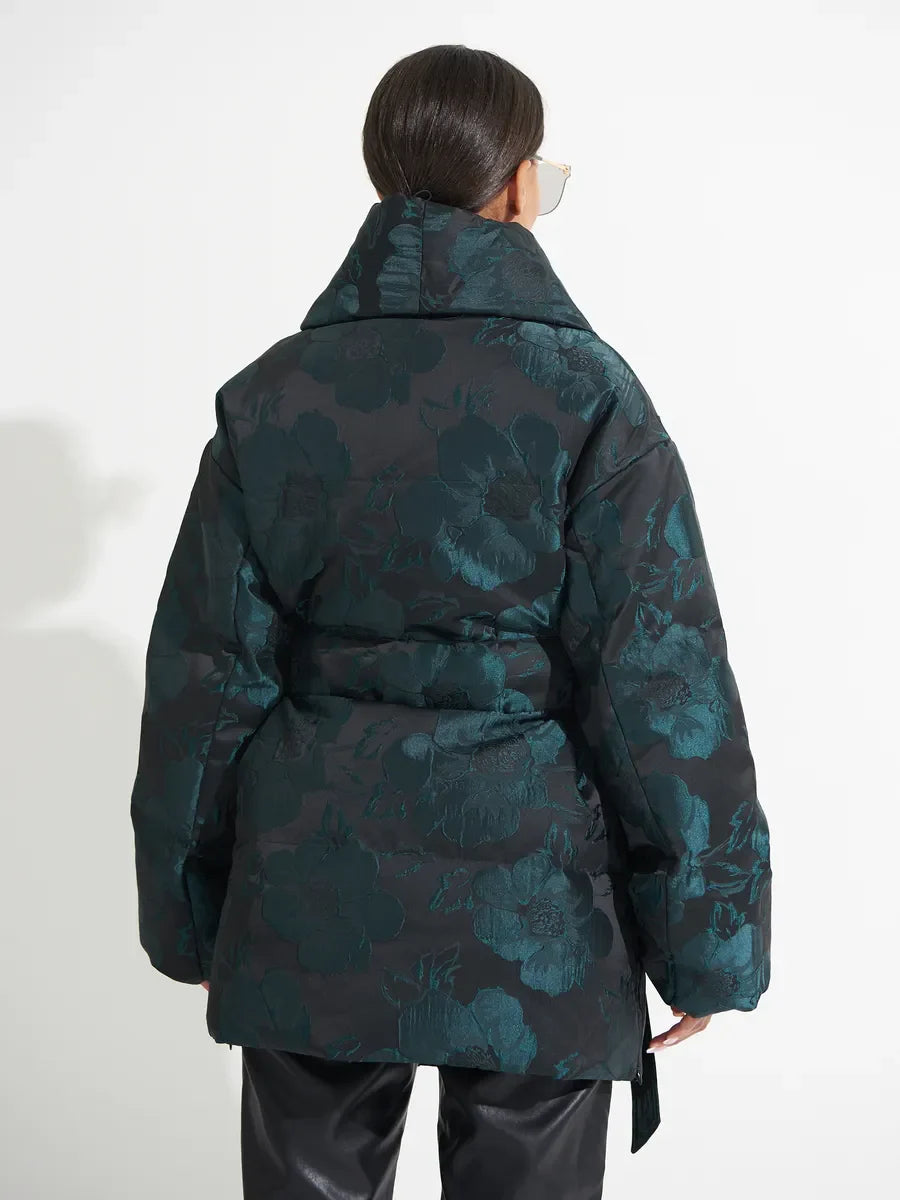 Monochrome Jacquard Down Coat in Vintage Emerald