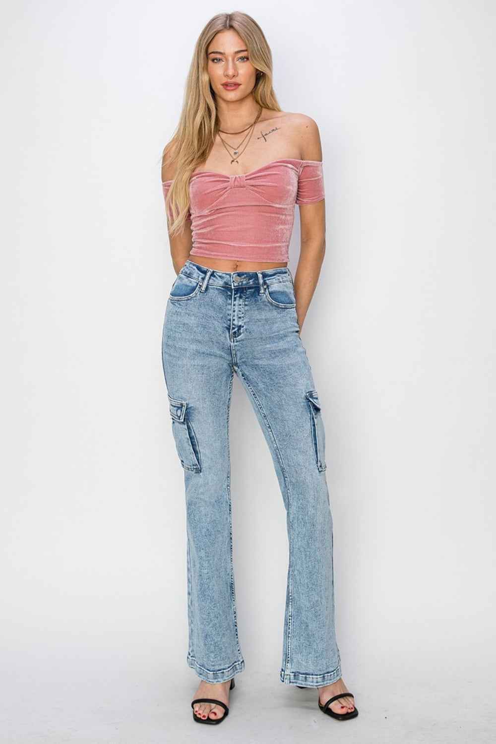 RISEN Full Size High Rise Cargo Flare Jeans for Women