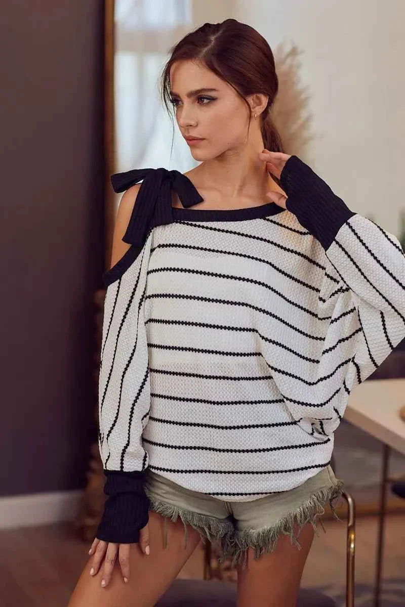BiBi Stripe Yarn Dye Waffle One Shoulder Women's Top with Ribbon Detail