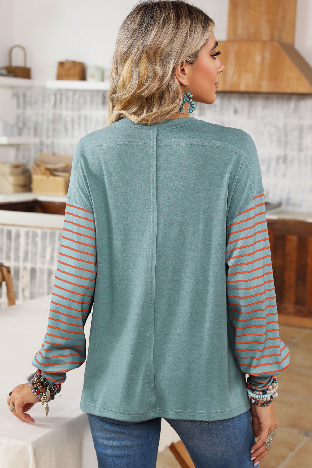 Green Colorblock Striped Bishop Sleeve Top with Side Slits Women's Top