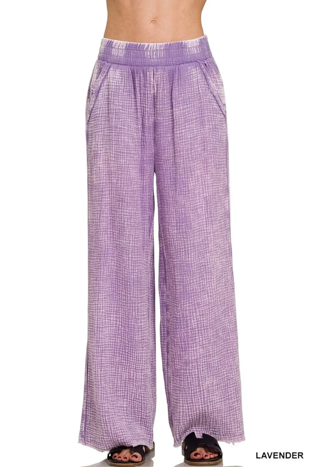 Zenana Lavender Washed Double Gauze Wide Leg Cotton Lounge Pants