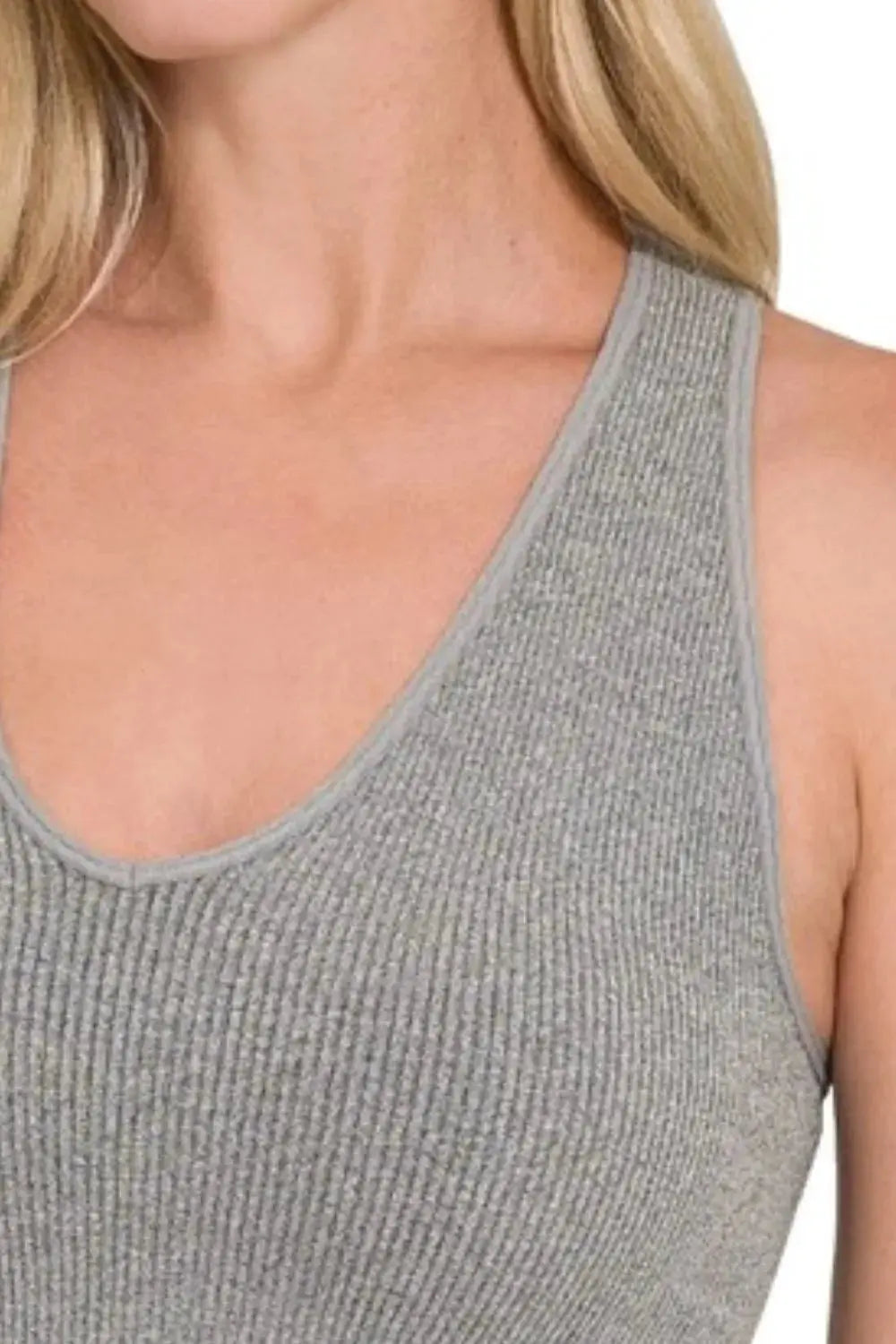 Zenana Gray Seamless Ribbed Cropped Racerback Tank Top