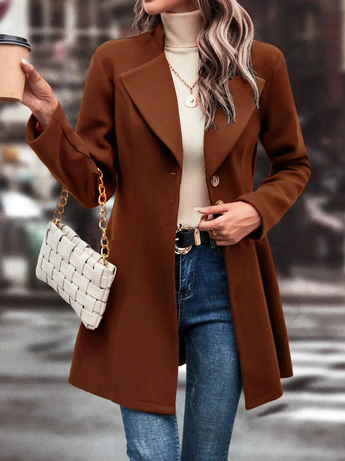 Collared Neck Long Sleeve Womens Longline Coat
