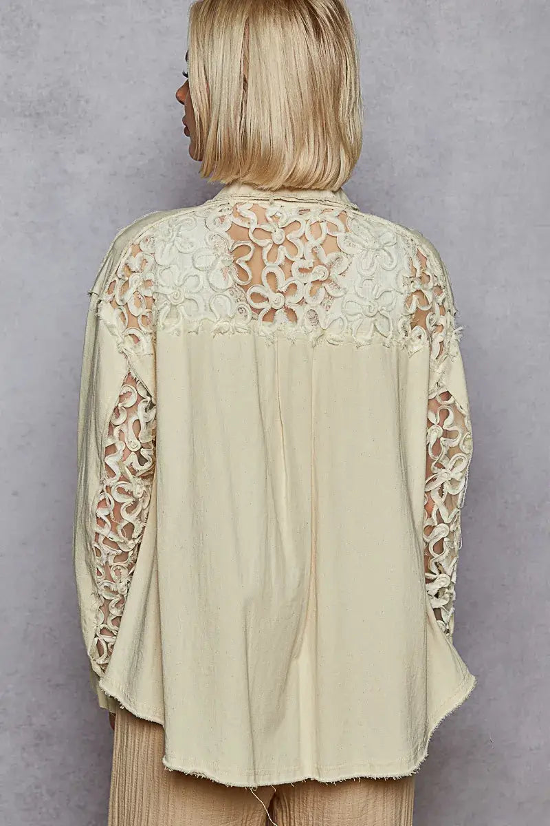 POL Button Down Raw Edg Shirt with Pearl Lace Patch