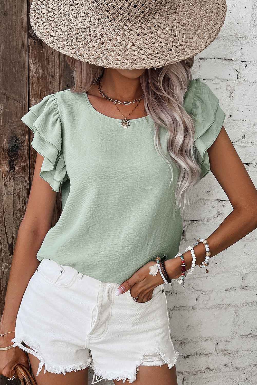 Aqua Ruffle Sleeve Blouse - Clearly Aqua Solid Color Crinkled Top