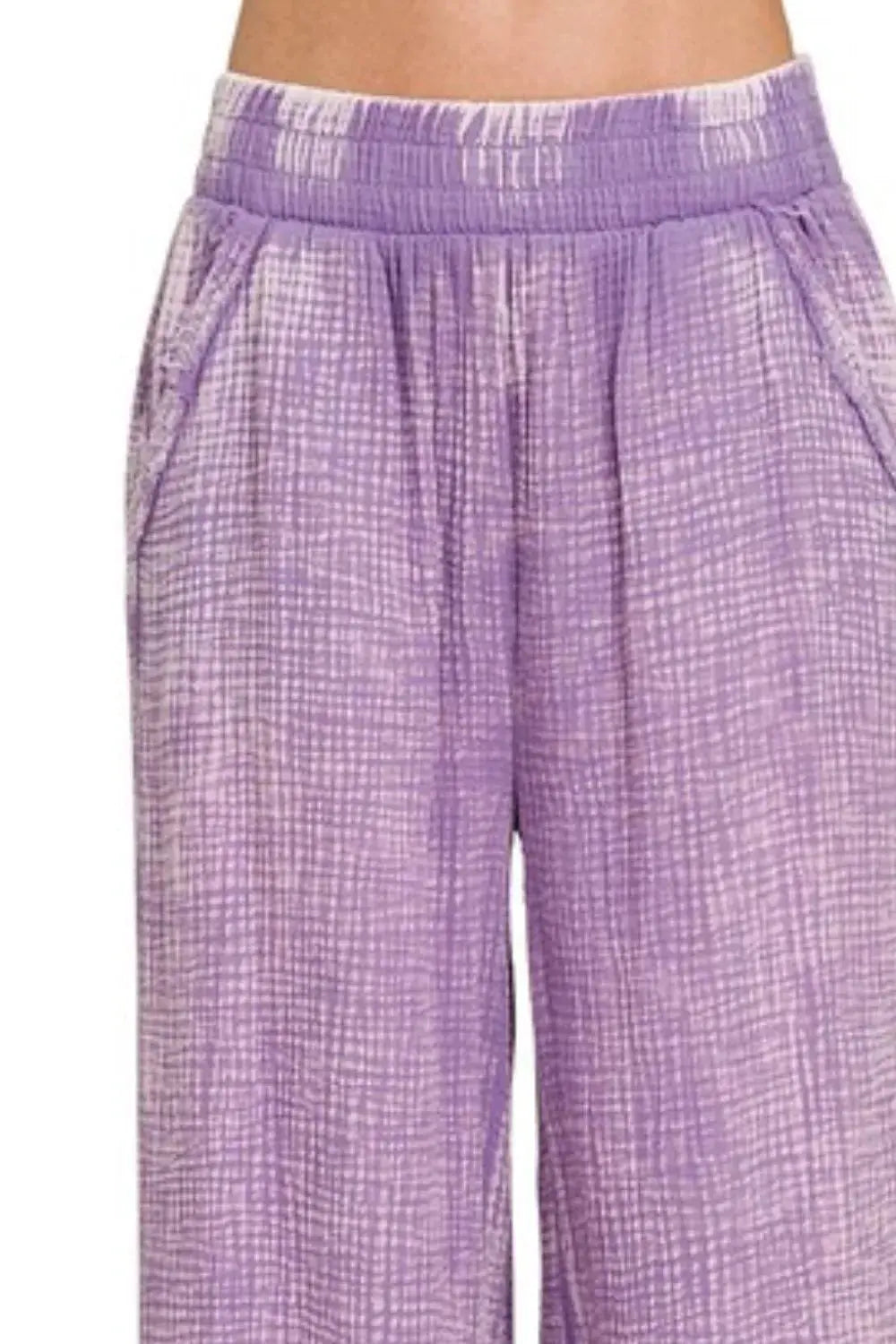 Zenana Lavender Washed Double Gauze Wide Leg Cotton Lounge Pants