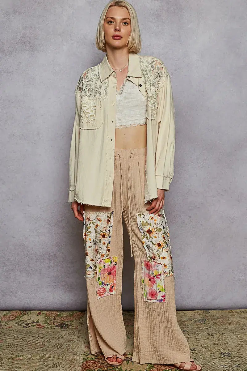 POL Button Down Raw Edg Shirt with Pearl Lace Patch