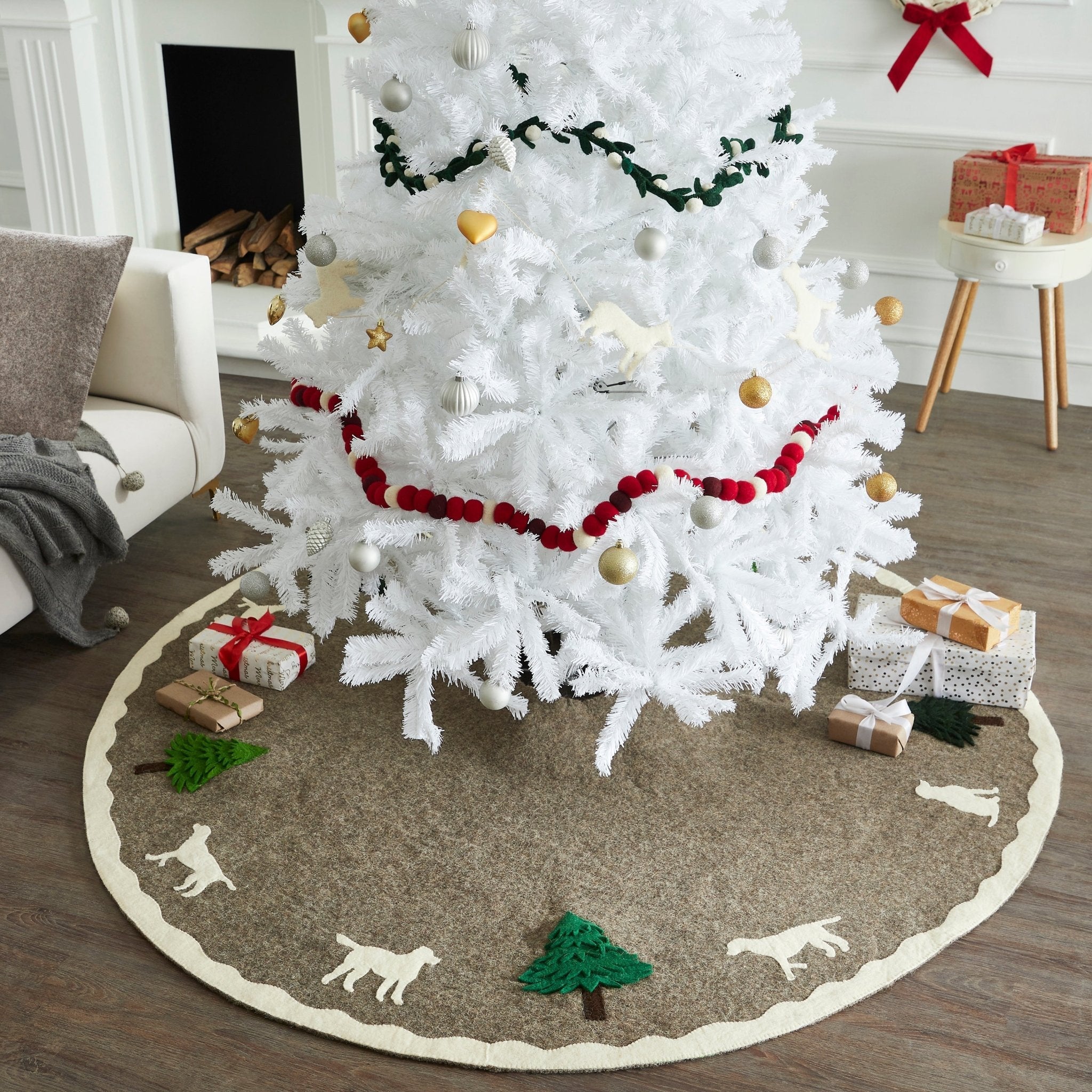 Cream Dogs and Green Trees Christmas Tree Skirt Gray Hand Felted Wool - 60" / 72" Arcadia Home