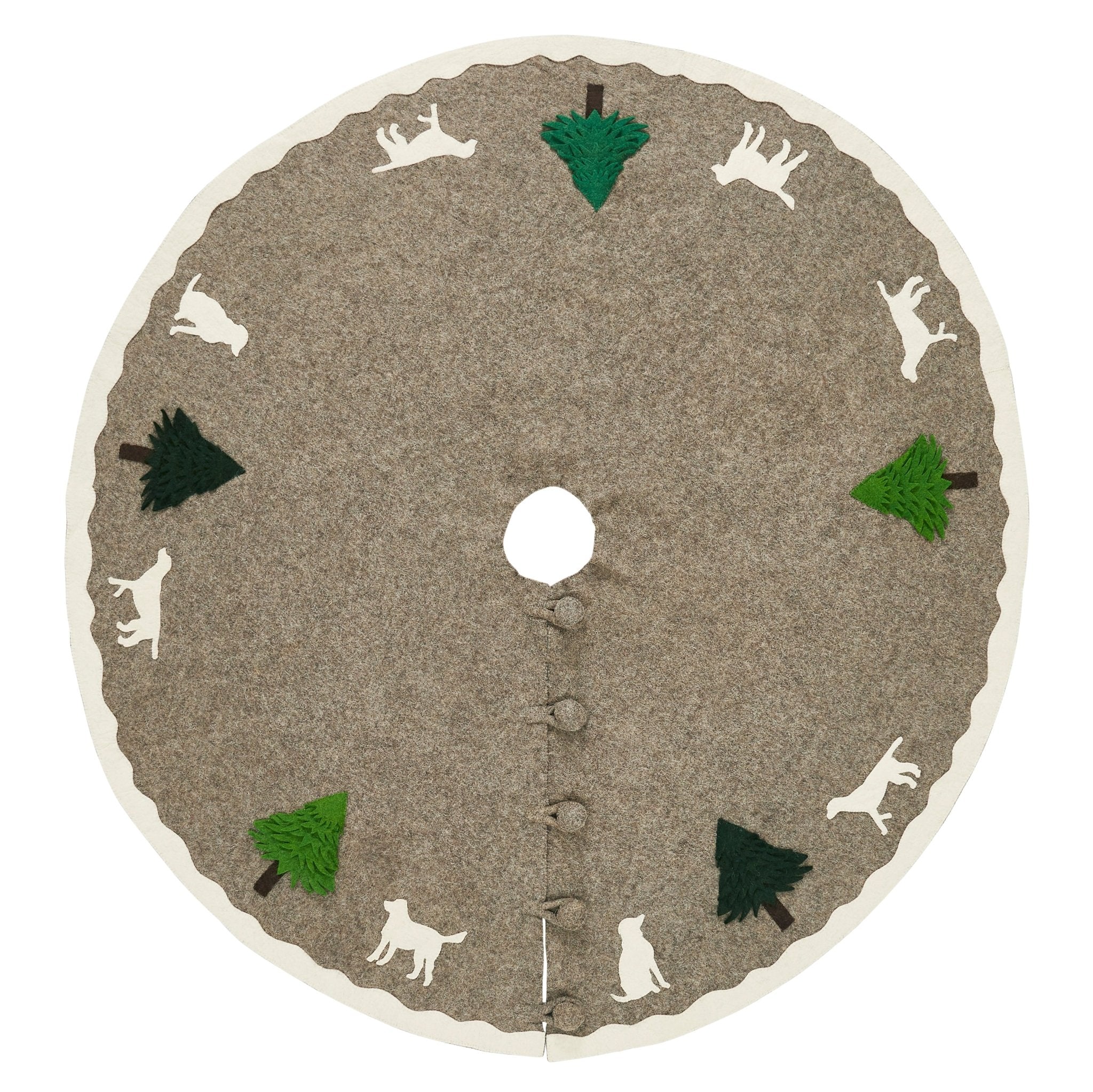 Cream Dogs and Green Trees Christmas Tree Skirt Gray Hand Felted Wool - 60" / 72" Arcadia Home