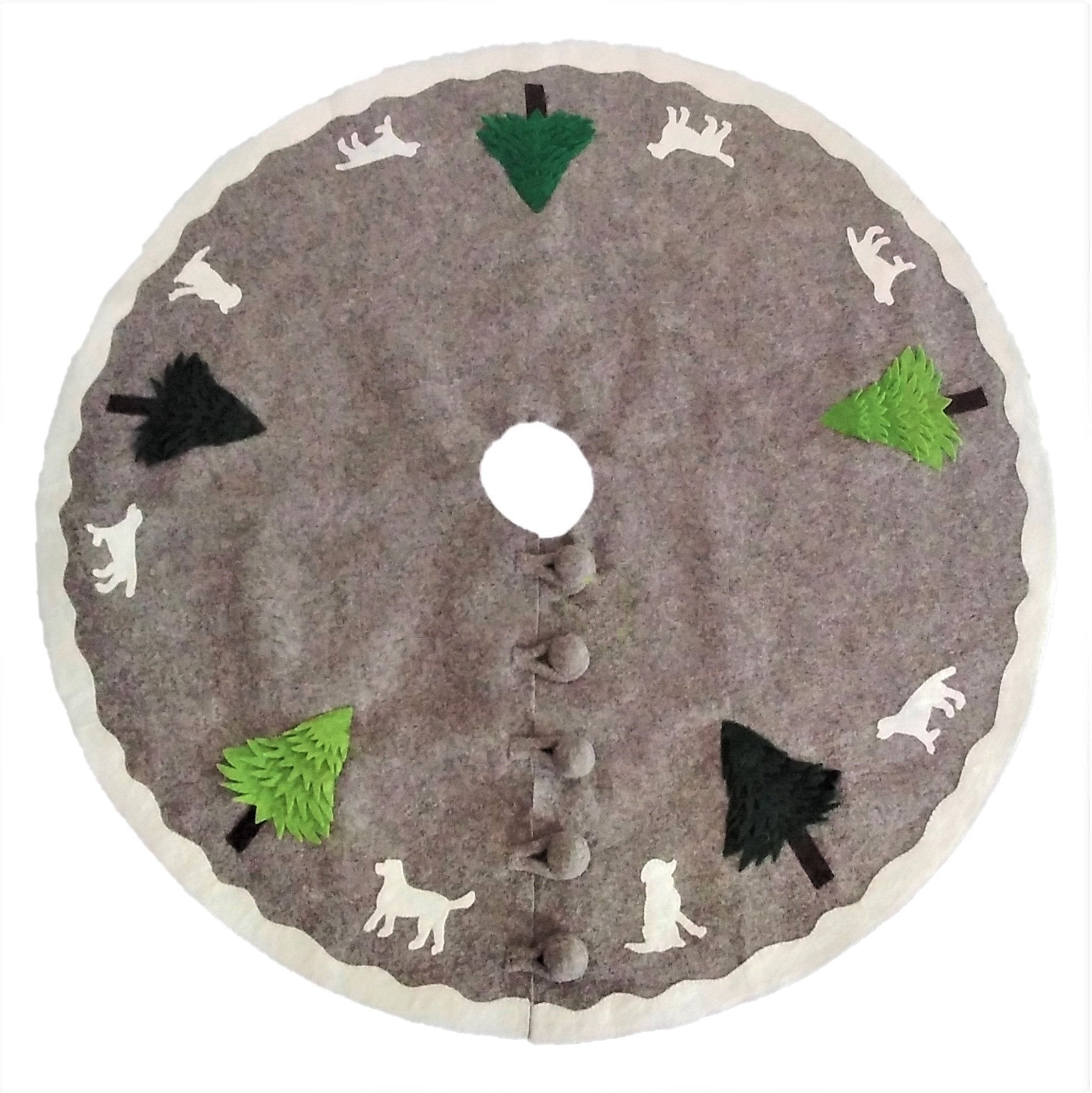 Cream Dogs and Green Trees Christmas Tree Skirt Gray Hand Felted Wool - 60" / 72" Arcadia Home