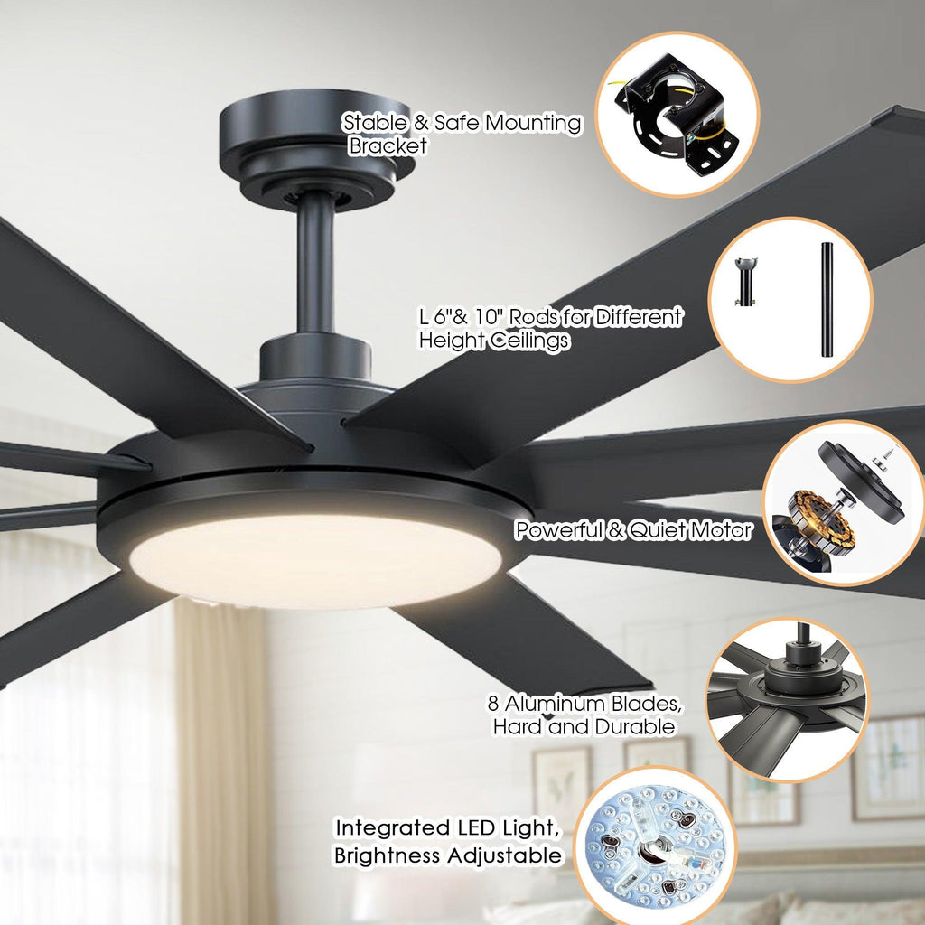 60" Industrial DC Motor Downrod Mount Ceiling Fan with Lighting and Remote Control