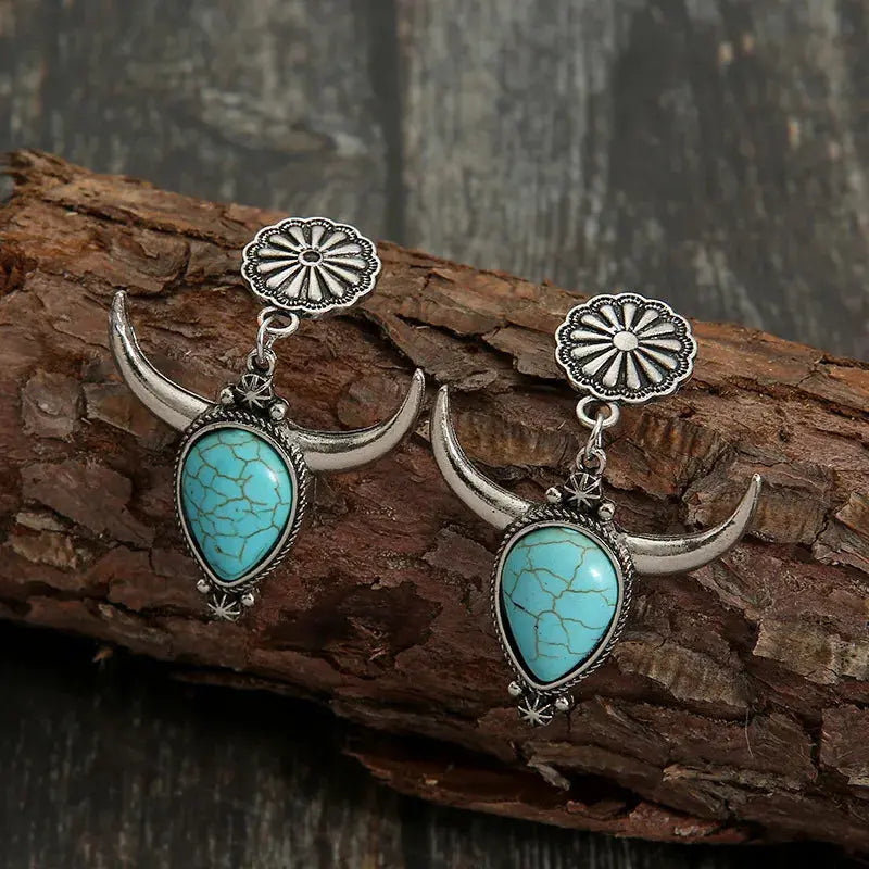 Western Cow Head Turquoise Statement Earrings