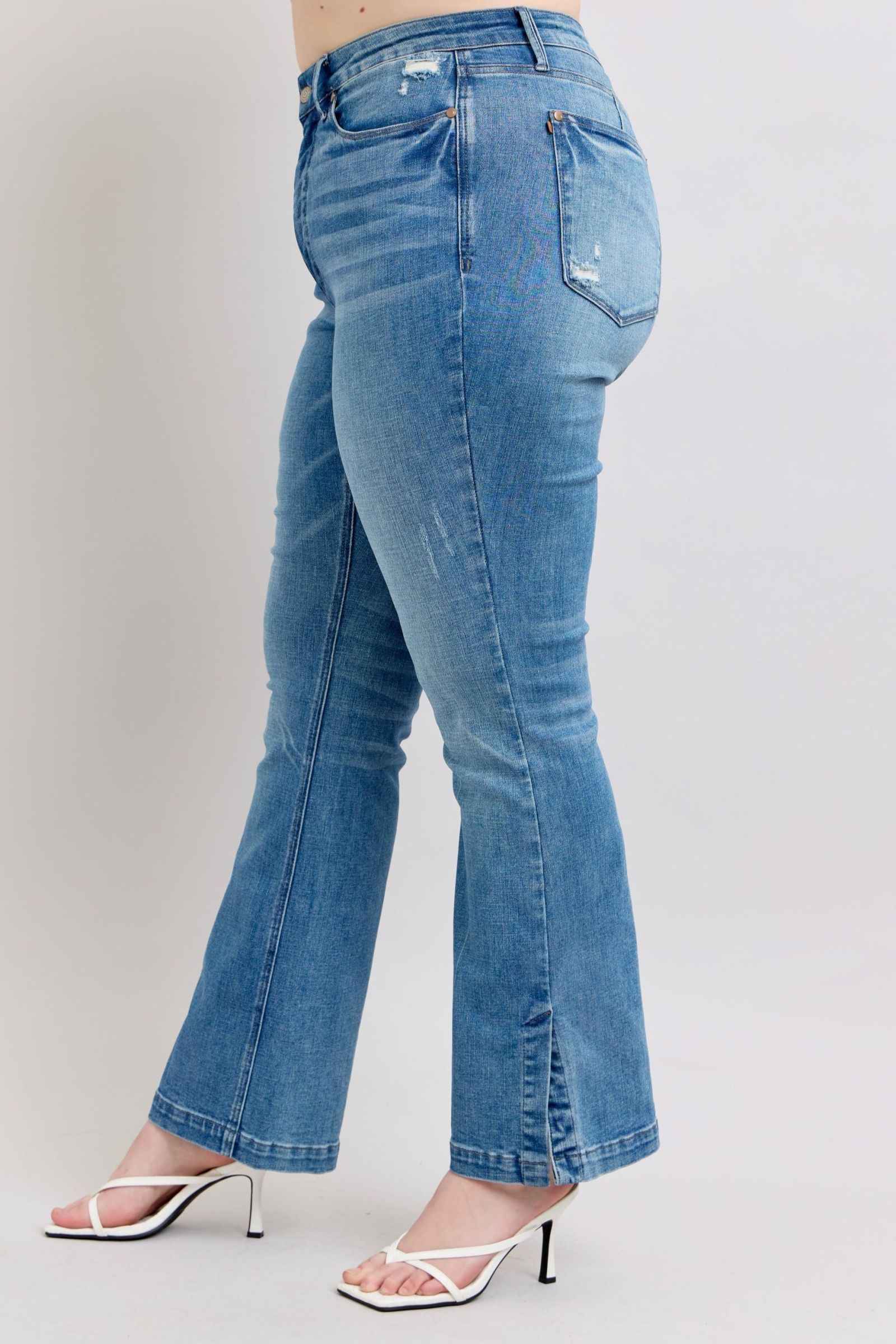 Judy Blue Tummy Control Bootcut Jeans with Vintage Wash and Side Slit Women's Jeans