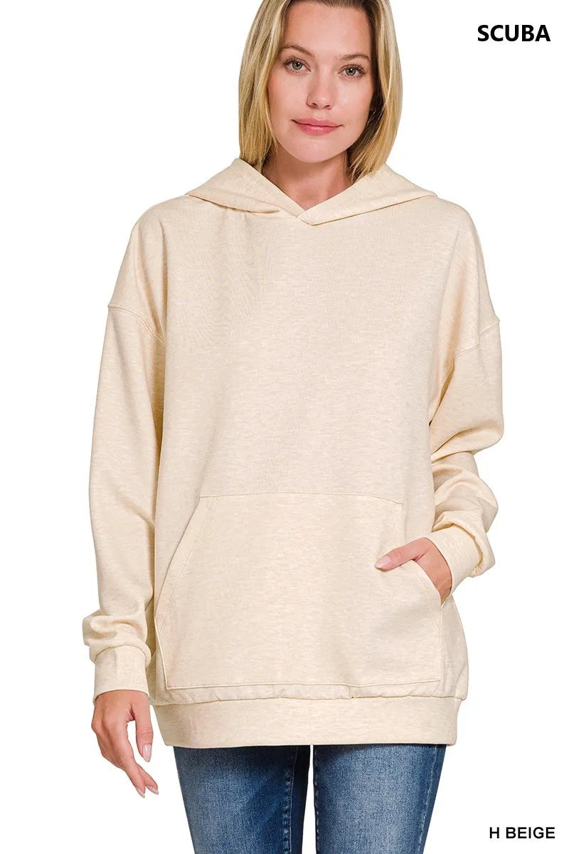 Zenana Oversized Scuba Hoodie with Kangaroo Pocket in Beige