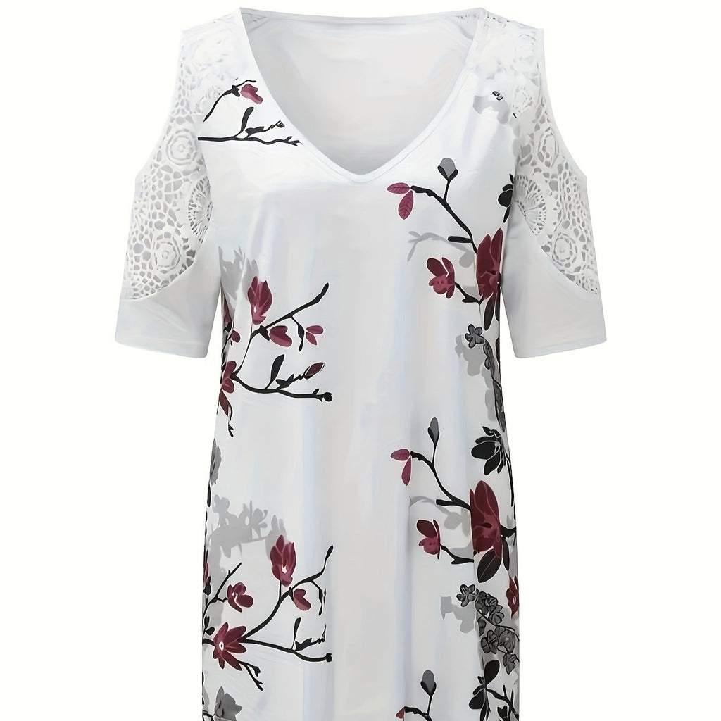 Women's Floral Off Shoulder Top with V-neck Floral Print and Contrasting Lace Blouse
