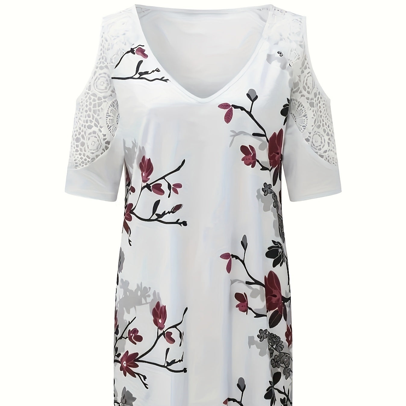 Women's Floral Off Shoulder Top with V-neck Floral Print and Contrasting Lace Blouse