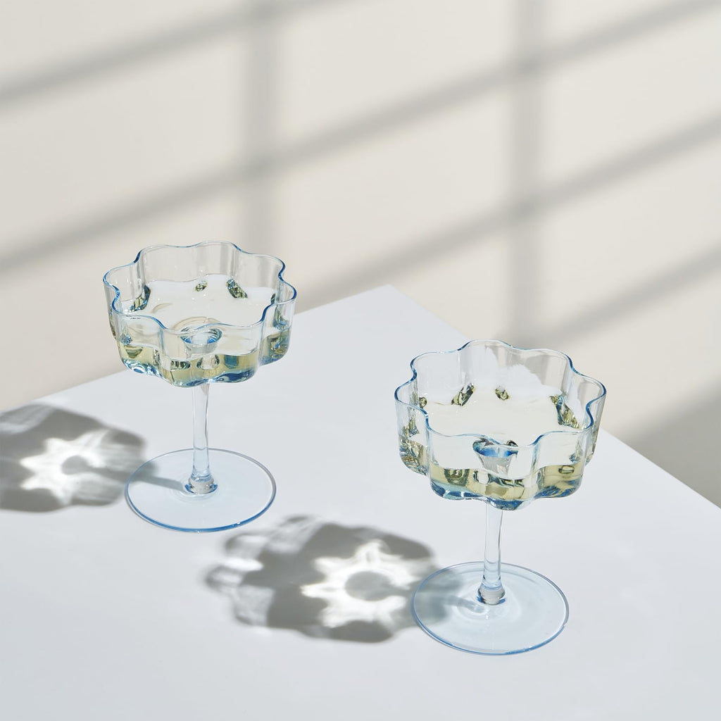 Flower Wave Coupe Cocktail Colored Glasses | Set of 2 | Cobalt Blue