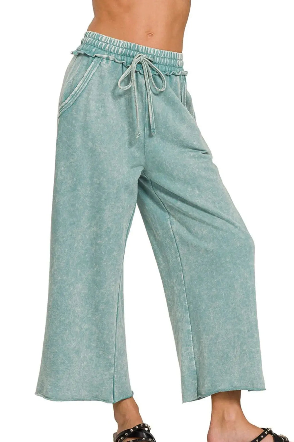 Zenana Washed French Terry Womens Palazzo Pants with Pockets