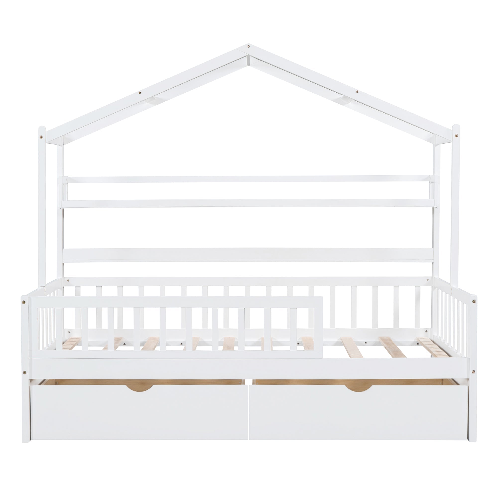 Wooden Twin Size House Bed with 2 Drawers Kids Bed with Storage Shelf White