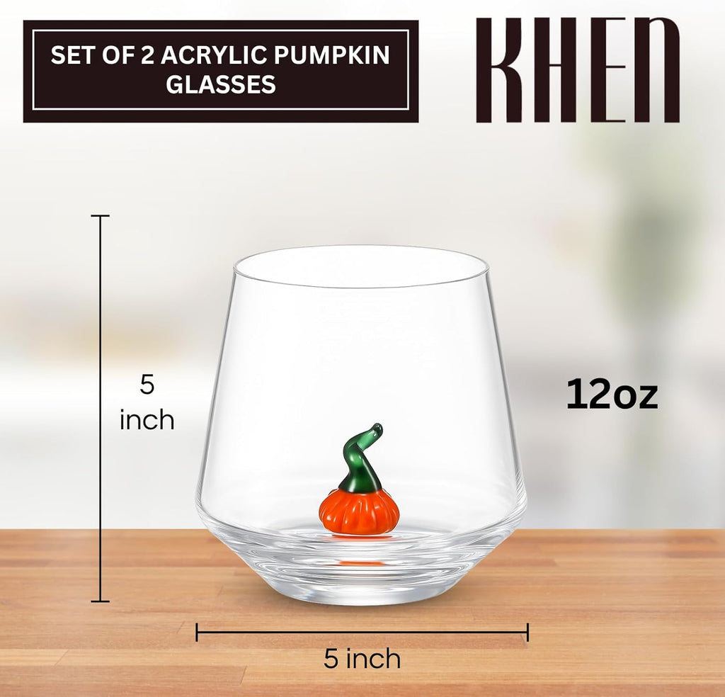 Khen Pumpkin Glass Set Fall Drinkware Decorative Break Resistant Tumbler Cups Barware Holiday Gift - 12oz Clear
