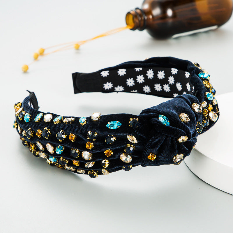 Exaggerated Fashion Hair Bands Female Corduroy Temperament Sweet Hair Ornaments Wide Side Knotted With Diamonds Headband