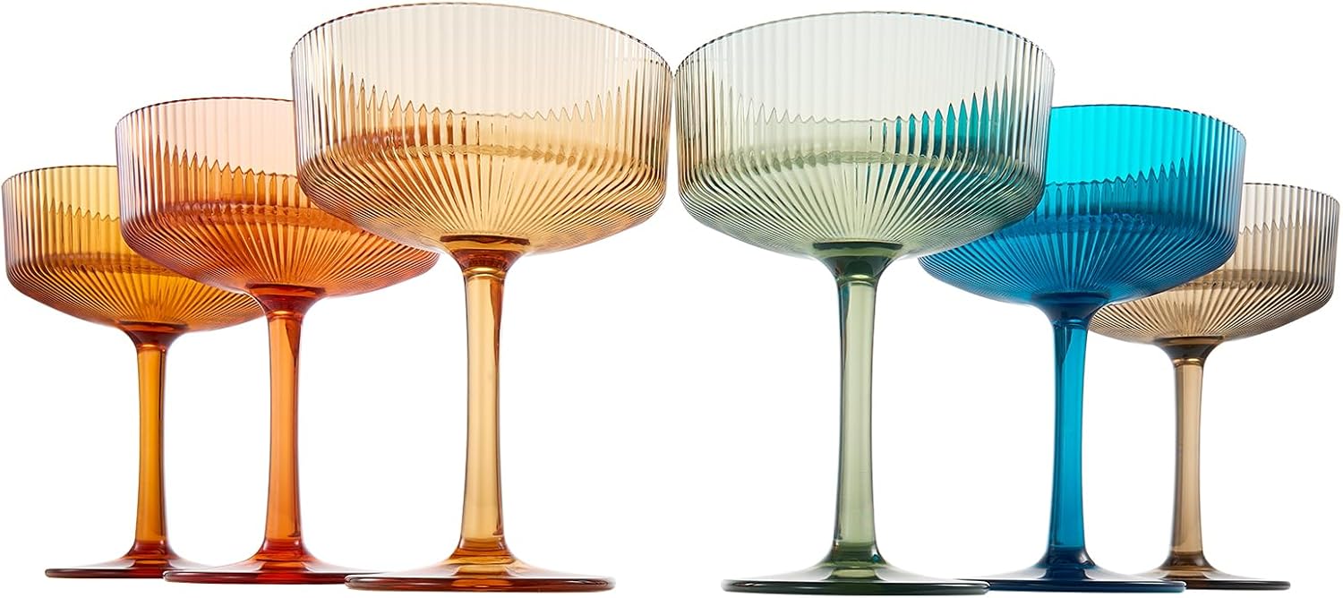 Shatterproof Acrylic Ribbed Vintage Art Deco Martini, Champagne & Cocktail Muted Color Plastic Tritan Coupe Glasses | Set of 6 | 8 oz Ripple Glassware Classic Cocktail Indoor & Outdoor, European Style