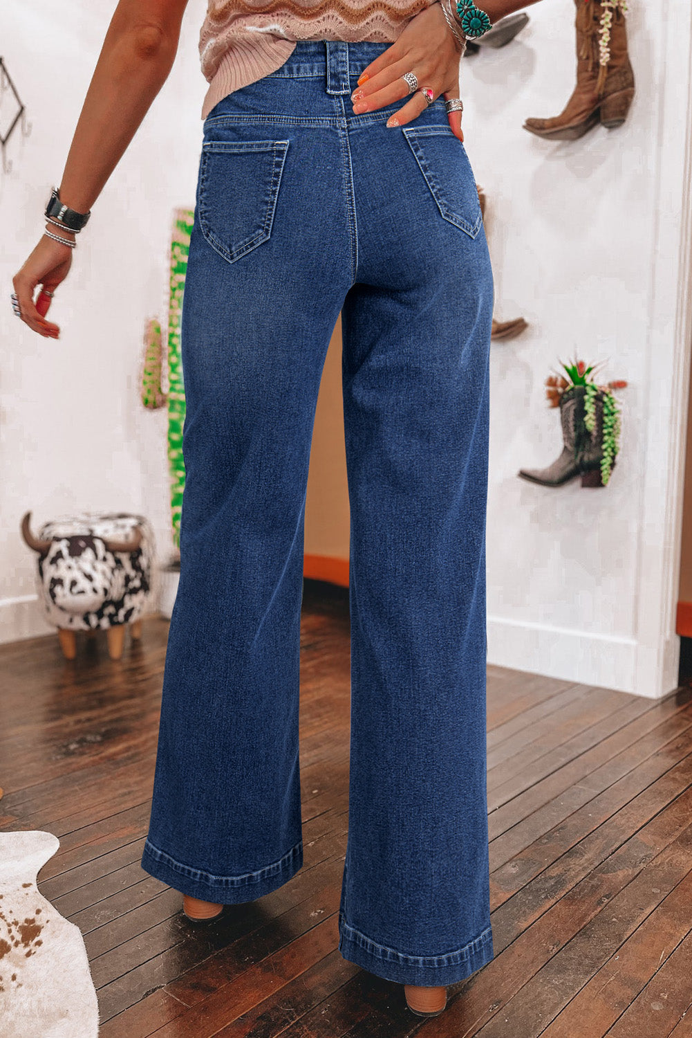 Sail Blue High Waist Wide Leg Jeans With Patch Pockets