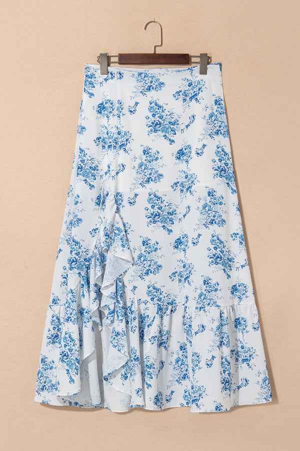 Split Asymmetrical Ruffled Women's Skirt - Trendy Printed Design